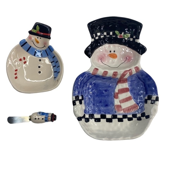 SNOWMAN Serving Bowl Dish Set, Large & Small, With Matching Snowman Spreader - Picture 8 of 15